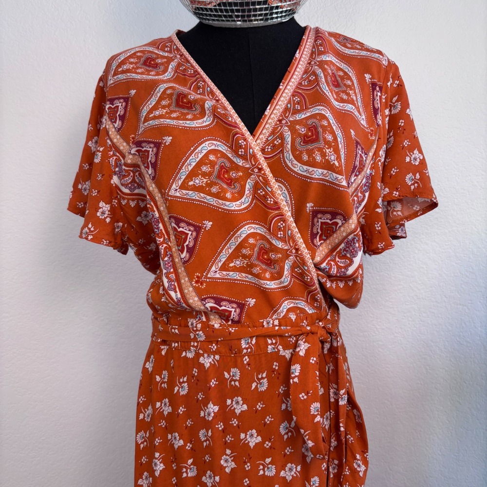 Bohemian‎ Floral Wrap Maxi Dress, Size Large Rust Orange Paisley Hippie Prairie - Picture 13 of 16